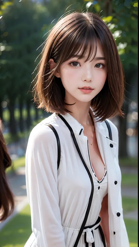 1 woman, up of face, (detailed breasts, mideum breasts,  sexy cleavage), light brown hair, Side bangs, hair behind ear, hair over shoulder, short hair, slender body shape, Ultra Fine Face, Thin face, Delicate lips, Beautiful eyes, thin blush, eyes are ligh...