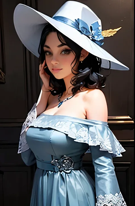 Wearing an elegant, off-shoulder, vintage gray dress with voluminous sleeves and a golden brooch, complemented by a sophisticated burgundy hat adorned with large white feathers. The subject strikes a thoughtful pose with one hand near the face and the othe...