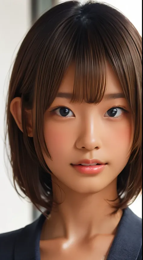 solo、美しいLarge Breasts、Light brown eyes, Light blonde,Short Bob Hair、Beautiful Girl、Tanned dark skin、Beautiful thick pink large lips、Large Breasts、close-up of face、Lots of sweat、See who's watching、Upper Body、Close-up、Close-up