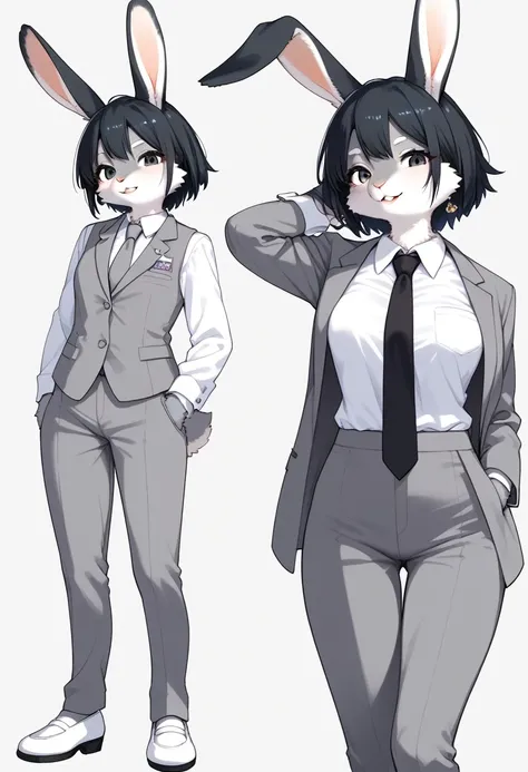 score_9, score_8_up, score_7_up, score_6_up, score_5_up, score_4_up, source_anime, best quality, masterpiece, 1 female, (furry, kemono, rabbit:1.5), solo, necktie, suit, black hair, formal, hand in pocket, pants, grey vest, jacket, grey jacket, shirt, look...