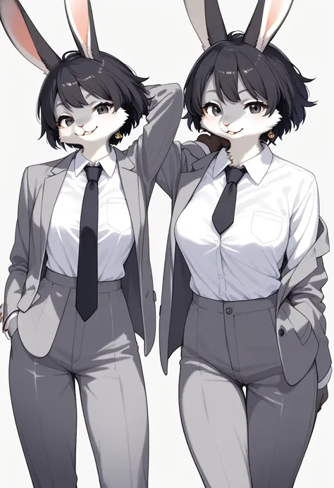 score_9, score_8_up, score_7_up, score_6_up, score_5_up, score_4_up, source_anime, best quality, masterpiece, 1 female, (furry, kemono, rabbit:1.5), solo, necktie, suit, black hair, formal, hand in pocket, pants, grey vest, jacket, grey jacket, shirt, look...