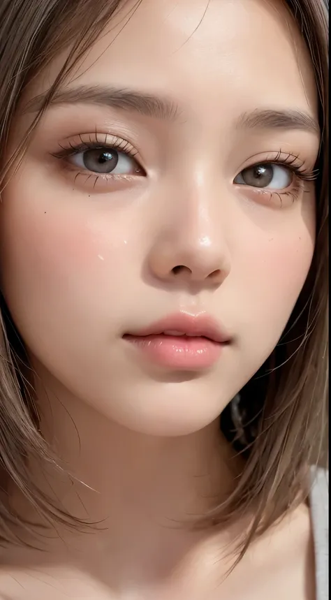 solo、Beautiful big breasts、Light brown eyes, Light gray hair、Short Hair、Beautiful Girl、Tanned dark skin、Beautiful thick pink large lips、close-up of face、Lots of sweat、See who's watching、Upper Body、Close-up、Close-up