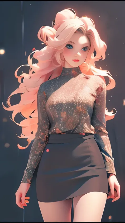 high resolution, best quality, masterpiece, very high image quality, ultra-detailed, hyperrealistic, 3d, anime, illustrations, fantasy, hard rock girl, very beautiful cute, pink wavy hair, side braid, miniskirt, knee high socks, engineer boots, background ...