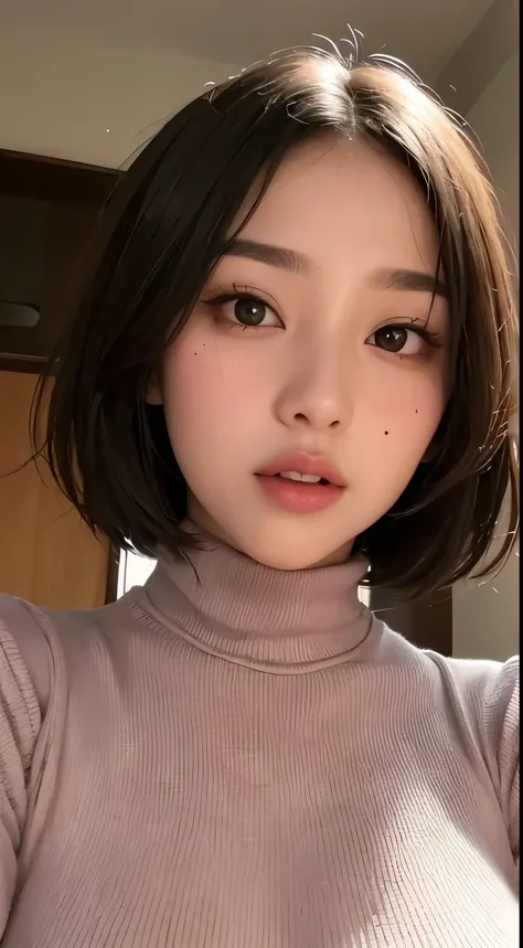 solo、美しいLarge Breasts、Light brown eyes, Light black hair、Short Hair、Beautiful Girl、Tanned dark skin、Beautiful thick pink large lips、Large Breasts、Red knitted turtleneck、close-up of face、Lots of sweat、See who's watching、Upper Body、Close-up、Close-up