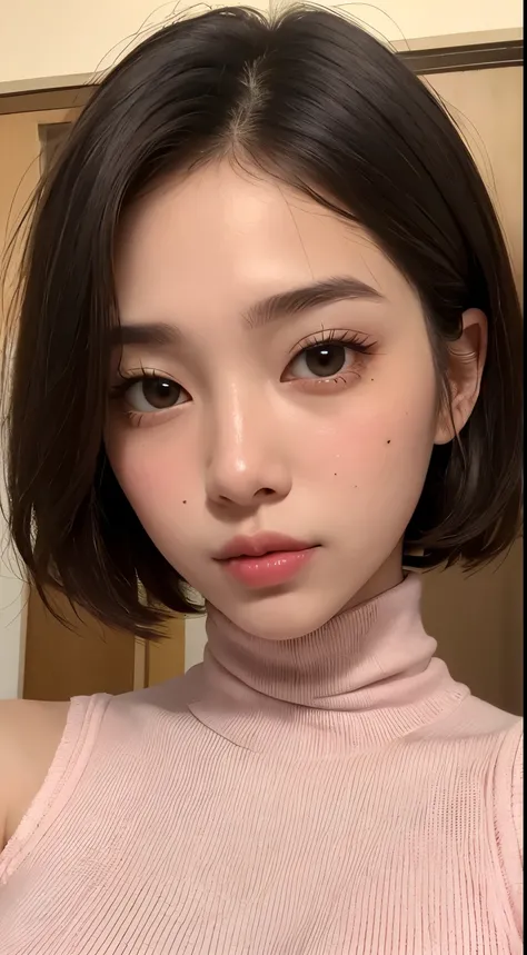 solo、美しいLarge Breasts、Light brown eyes, Light black hair、Short Hair、Beautiful Girl、Tanned dark skin、Beautiful thick pink large lips、Mole under right lip、Large Breasts、Red knitted sleeveless turtleneck、close-up of face、Lots of sweat、See who's watching、U...