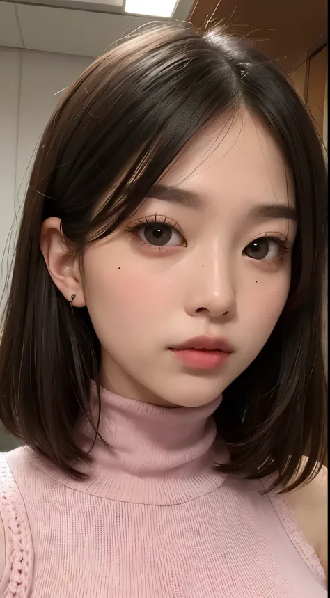 solo、美しいLarge Breasts、Light brown eyes, Light black hair、Straight Long Hair、Bob、Hime cut、Beautiful Girl、Tanned dark skin、Beautiful thick pink large lips、Mole under right lip、Large Breasts、Red knitted sleeveless turtleneck、close-up of face、Lots of sweat、See...