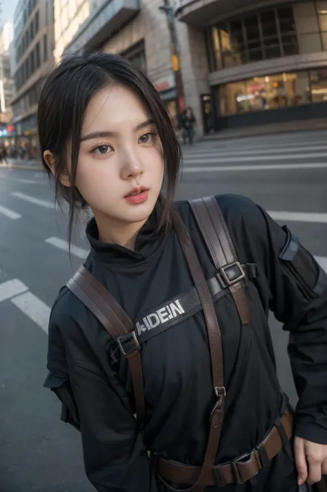 A beautiful Asian woman, medium breast, with short black hair, wearing a black tactical outfit with straps and buckles, standing confidently. The camera angle is a close-up, utilizing a fish-eye lens effect to emphasize her facial features and the surround...