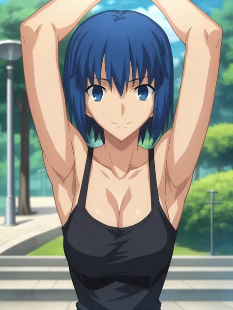 score_9, score_8_up, score_7_up, source_anime, anime screencap, outdoors, day, park, 1girl, solo, ciel, dark blue hair, tank top, black tank top, cleavage, collarbone, sleeveless, bare shoulders, bare arms, looking at viewer, smile, closed mouth, arms up, ...