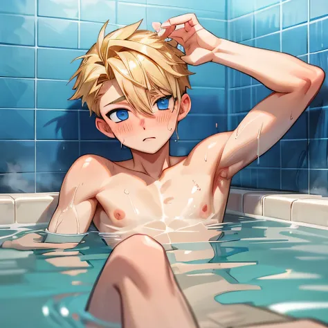 a handsome cute boy 11yr blush pain passionate,undercut blond hair and blue eyes,webtoon style,taking a bath,naked,from below