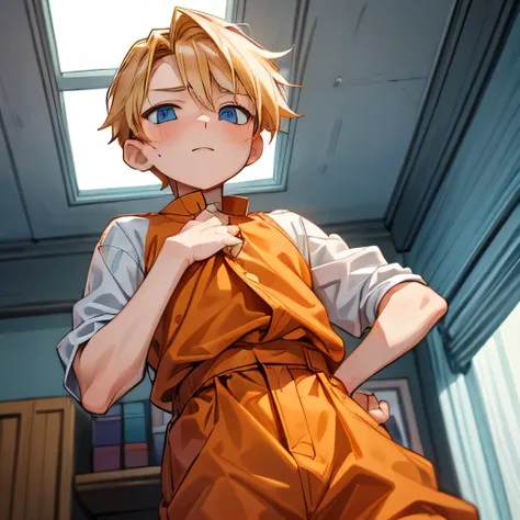 a handsome child cute boy 11yr blush pain passionate,undercut blond hair and blue eyes,webtoon style,wearing orange cloths,from ...