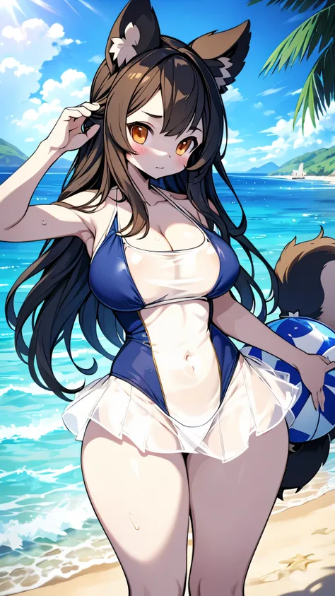 Beach Background，Swimsuit Girl，School Swimsuit，One piece swimsuit，Artistic Swimwear，Beach Background，Beach background，Tanuki ears，Tanuki tail，Striped tail，hairy，cute，Fleshy thighs，Thick thighs，Thin waist and wide hips，Big breasts，Big breasts，Large Breasts，...