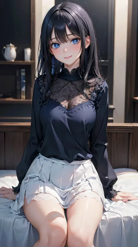 8k resolution,((Best Quality)),Ultra-high resolution,Adult women, Alone, sexy, (Anxious smile), (Dark blue eyes), A beautiful, symmetrical face, (Black messy medium length hair),White blouse,Lace mini skirt,Realistic:1.4,Realistic:1.4,(masterpiece:1.2),Per...