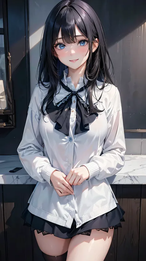 8k resolution,((Best Quality)),Ultra-high resolution,Adult women, Alone, sexy, (Anxious smile), (Dark blue eyes), A beautiful, symmetrical face, (Black messy medium length hair),White blouse,Lace mini skirt,White cardigan,Realistic:1.4,Realistic:1.4,(maste...