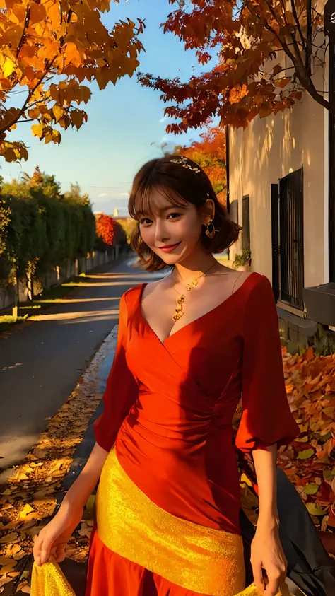 A mysterious woman in an elegant dark green dress standing on a cobblestone path surrounded by red and orange leaves, with a delicate smile and warm autumn light casting shadows on her face.