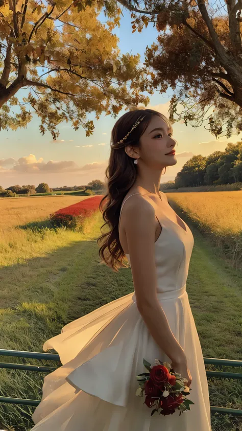 A romantic autumn scene, with a woman holding a bouquet of roses in a field of tall grass, the golden sunlight filtering through the trees and casting a warm glow on her skin.