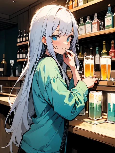 sideview,solo, bar counter, blight white color loose long hair, (short bluntbangs), 黒キャミソール, drunk face,(heavy drunk:1.2) cheek:1.2, beer bar, beer glass, (manga style), (sketch), (illustration),