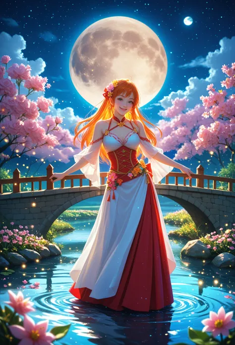 One girl, with a Beautiful Figure, winks, flirting, Standing in a pose, Dressed in Haori, Flowers are painted on the clothes, bow on the belt, cloudy, stars, Small Moon, Water Reflects the Moon, Small Pond, A girl stands on the bridge, Red Wood Bridge, Pon...