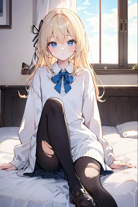 masterpiece, best quality, Practical, 8k, official art, Movie Lighting, Ultra-high resolution, 1 Girl, White sweater dress, torn pantyhose, sitting, on the bed, bedroom, Sunlight, Looking at the audience,