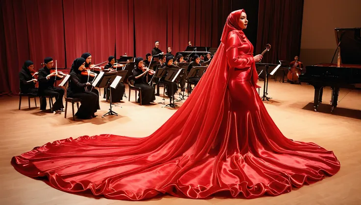 A woman shrouded in a 10-meter-long, plush red semi transparent satin shimmer cloth, tightly bound and grandly draping along the form of her body, flowing off into a pooled floor-length train, styled in a mermaid-inspired outfit, her head modestly veiled i...