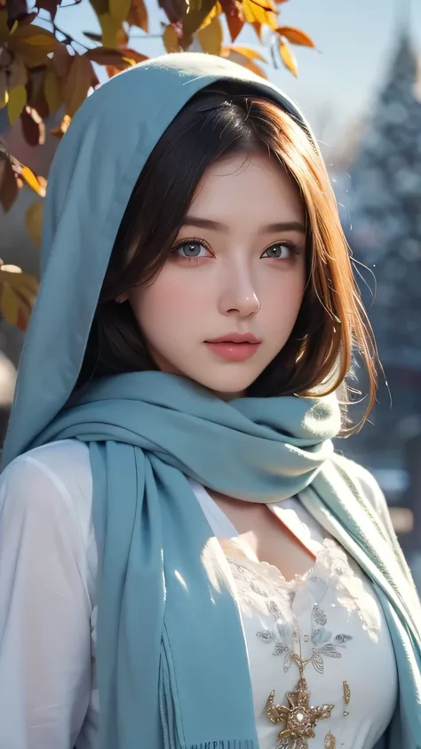 (8K, best quality, masterpiece: 1.2), (best quality: 1.0), (Ultra-high resolution: 1.0), watercolor, A beautiful woman, (shining pupils,Blue pupils),bShoulder, scarf, Agnes Cecil, Full body portrait, Extremely bright design, Soft colors, Autumn Lights, Mel...