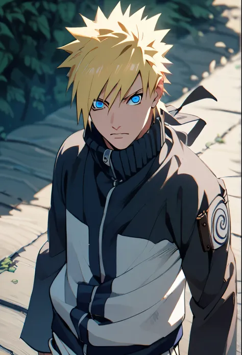 1boy, alone, naruto, spiked hairstyle, hair in front of the ears, blond, blue eyes, anbu clothing, shinobi, ninja, держит катану