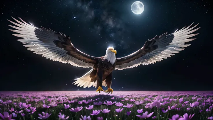 Masterpiece, best quality, high resolution: A majestic eagle with silver feathers flying over a field of crystal flowers. The flowers reflect the soft light of the full moon, creating a surreal glow. The eagles wings are enormous, measuring 30 meters in sp...