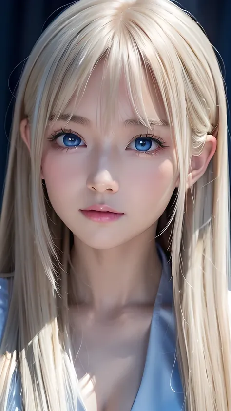 the most beautiful face in the world、a beautiful teenage girl、very beautiful super long silky golden shiny platinum blonde hair、...