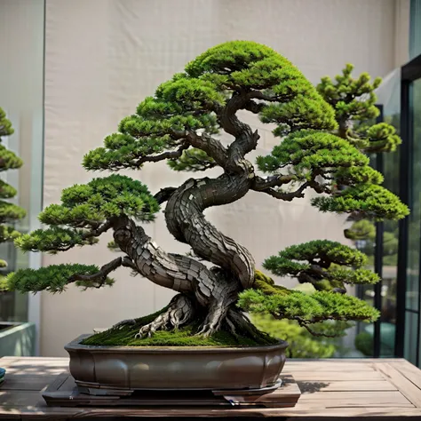 (masterpiece, Best Quality:1.2), 1 Potted Plant, Alone, 1 pot、A wonderful masterpiece、(Photograph the entire bonsai and pot)、High-quality ornament stand、(Blur the background)、(Plain background)、(White background)、