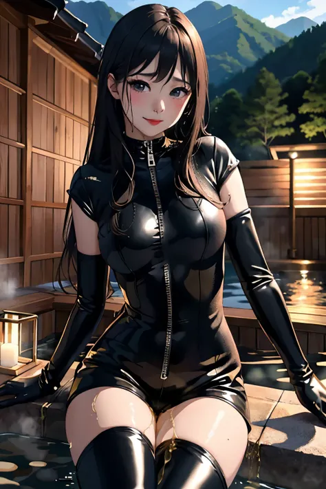 anime, best quality, high quality, highres, beautiful women, high detail, good lighting, lewd, hentai, (((black leather catsuit shorts))), (((leather thigh high boots))), black leather gloves, bare thighs, bare arms, (((wetting herself))), (((peeing hersel...