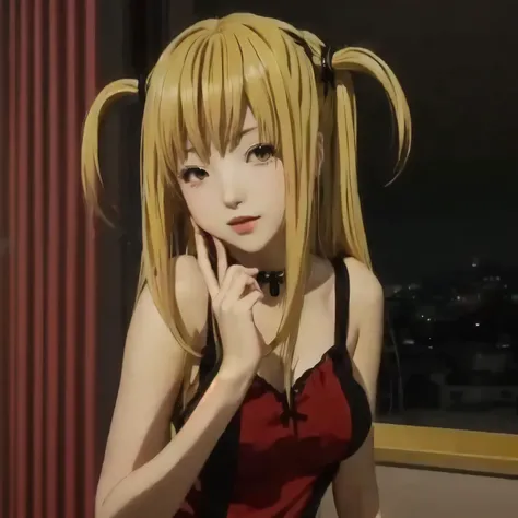 anime girl with blonde hair and a red and black dress, misa amane *, misa amane, anime girl named lucy, ( ( misa amane # ) ), seductive anime girl, female anime character, as an anime character, style of madhouse anime, an anime girl, blonde anime girl wit...