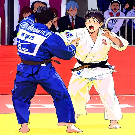 judoを着て戦う二人の少年,(judo,Long sleeve),Two men in blue and white uniforms fighting in a match,