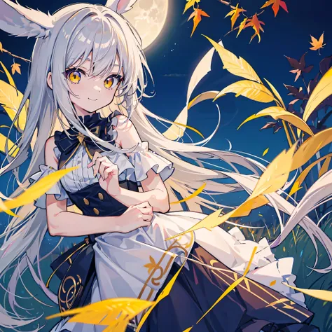 kawaii, anime, Cute, hyper quality, highly detailed, 8k, Clarity, Draw facial expressions in detail, yellow eyes, silver hair, moon in the background, highlight on eyes, its dark outside, Maple leaves fall, outside, smile, wear a dress, expose the whole bo...