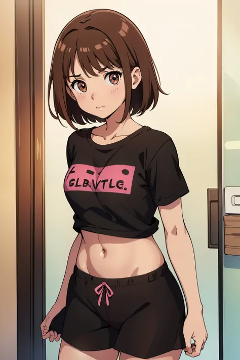 Cute girl, short light brown hair, brown eyes, loose black t-shirt, transparent pink panties