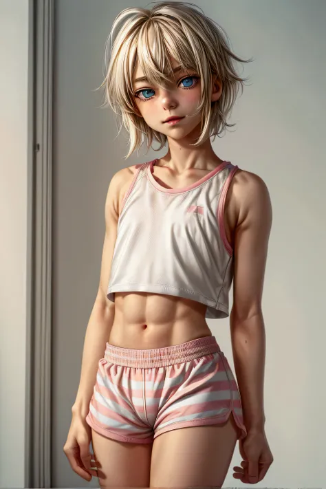 Anime style, Highres, Masterpiece, Best quality at best, Best Quality, hight quality, hight detailed, 1boy, blonde boy, perfect boy body, cute boy, detailed light blue eyes, short hair, messy hair, bangs, pastel rainbow inner hair color mesh, shy smile, we...