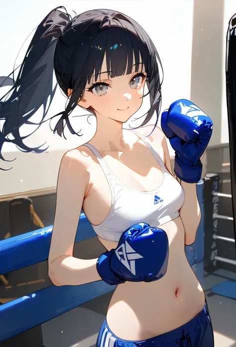 ((masterpiece,best quality anime:1.3,Best Quality)),cowboy shot,portrait,1woman,(young adult),(ponytail),long straight hair,blunt bangs,black hair,((very small head:1.3)),gray eyes,gorgeous eyes,smile,small breasts,((very long body:1.3)),(White sports bra、...