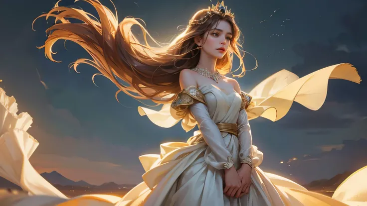 In a vast desert, a beautiful princess stands alone. Her long gown is caught by the wind, as sand swirls around her. She is lost in thought, torn by her unrequited love for a prince from a distant kingdom. The sky is overcast, highlighting the sorrowful ex...