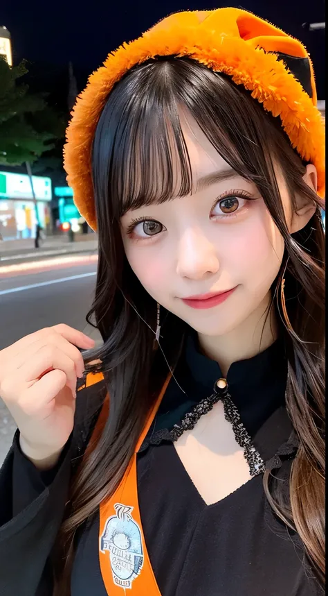 high quality, 最high quality, masterpiece, Very cute、beautifully、detailed, Professional photography, Proper Lighting,
Very beautiful girl, Beautiful Face, Face Tattoos,
Halloween Costumes, Black short dress, Black witch hat, Orange accessories,
smile, Laugh...