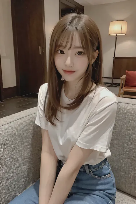 A photo of an Japanese girl with medium-length hair, wearing jeans and a white short-sleeved shirt, sitting in a hotel lobby taking selfies. She has exquisite makeup on her face, with big eyes, delicate facial features, fair skin tone, a smiling expression...