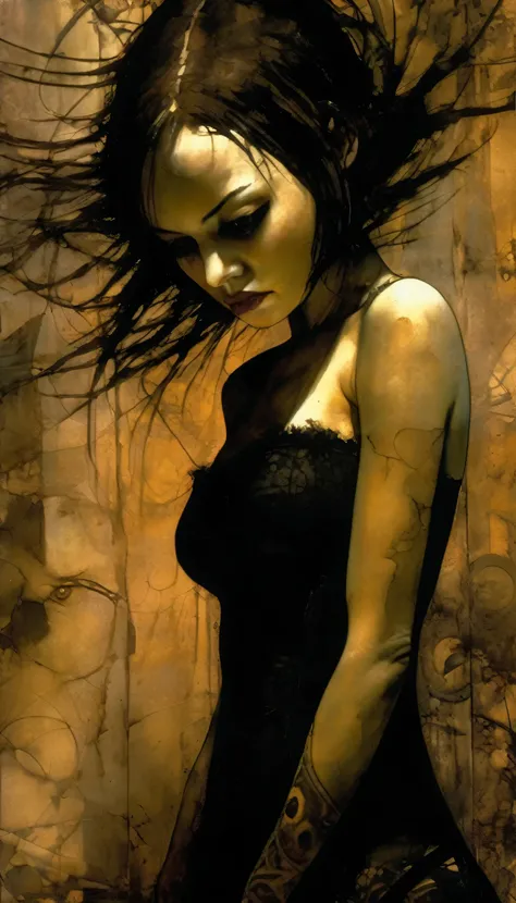 Alone,1girl, Girl in black lingerie、Arms folded in front of the body、((She puffs out her cheeks and is angry)), ​masterpiece, high resolution, top-quality, Dave McKean inspired artwork, Intricate details, oil
