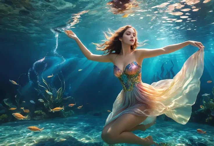 (best quality,4k,8k,highres,masterpiece:1.2),ultra-detailed,(realistic,photorealistic,photo-realistic:1.37),1girl,floating in water, Endoceras and water tentacle creatures,beautiful detailed eyes,beautiful detailed lips,extremely detailed face,longeyelashe...