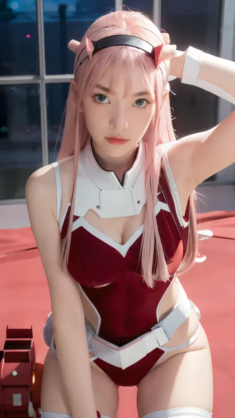 (Overhead view),dynamic angle,ultra-detailed, illustration, straight on, 1girl, ((Zero two, interface headband with a pair of horns, red bodysuit:1.4, pink hair)), Her eyes shone like dreamy stars,(glowing eyes:1.233),(beautiful and detailed eyes:1.1),(exp...