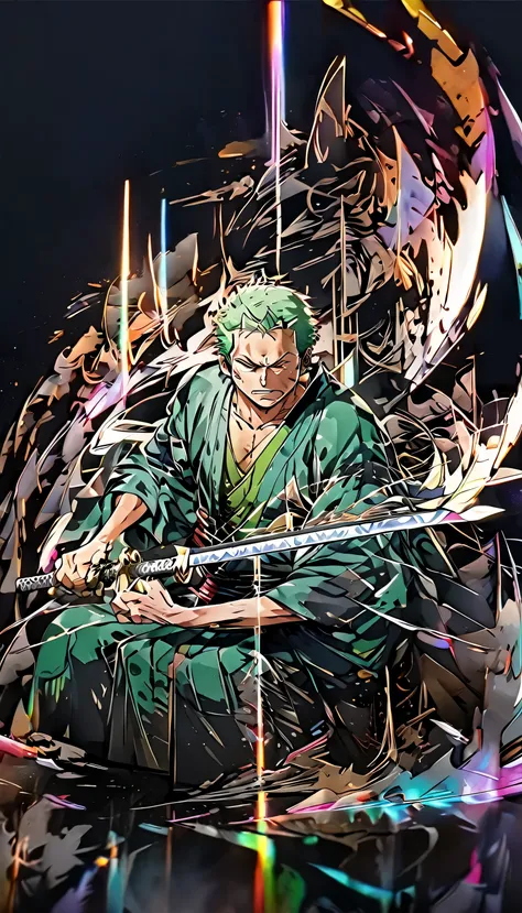 solo, male focus, 1boy, roronoa zoro, scar, muscular male, left eye closed, scar across left eye, japanese clothes, green kimono...