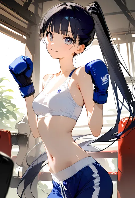 ((masterpiece,best quality anime:1.3,Best Quality)),cowboy shot,portrait,1woman,(young adult),(ponytail),long straight hair,blunt bangs,black hair,((very small head:1.3)),gray eyes,gorgeous eyes,smile,small breasts,((very long body:1.3)),(White sports bra、...