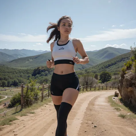 (8k, highest quality, ultra detailed:1.37), (Janette), 18yo, (an adventurous Afrikaner college girl), embarks on an athletic adventure. Dressed in sporty Activewear, she conquers a challenging mountain trail. The high-resolution image captures ultra-detail...