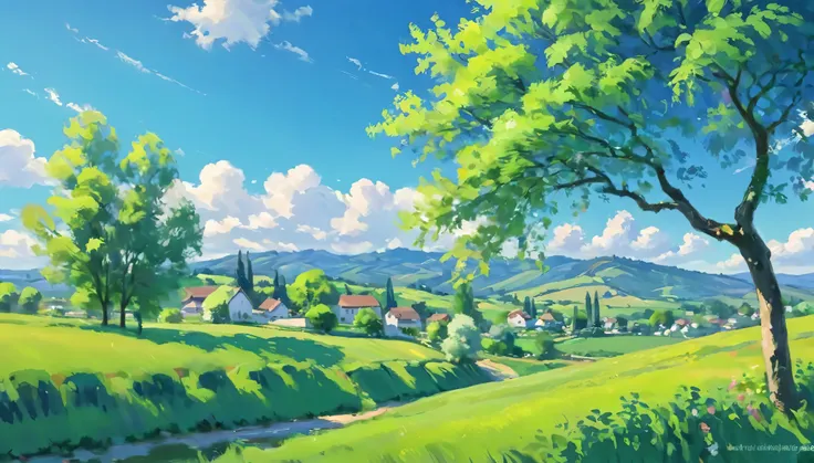 score_9, score_8_up, score_7_up, score_6_up, Peaceful, countryside, rolling hills, willow trees, lush greenery, high-quality, blue sky, fluffy clouds, wind-rustled leaves, swaying branches, no houses, infinite, liminal, sunny, warm color pallette, painter...
