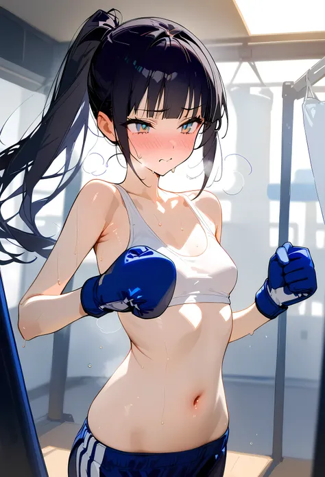 ((masterpiece,best quality anime:1.3,Best Quality)),cowboy shot,portrait,1woman,(young adult),(ponytail),long straight hair,blunt bangs,black hair,((very small head:1.3)),gray eyes,gorgeous eyes,blush,Heavy breathing、small breasts,((very long body:1.3)),(W...