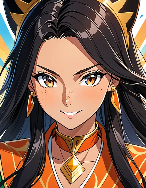 Masterpiece, best quality, {best quality}, {{masterpiece}}, {highres}, focus, anime style, a closeup of a cartoon of a woman, girl design, mara, portrait, giesha, anime image, long hair, black hair, heterochrome eyes, hair covering ears, happy, polished an...