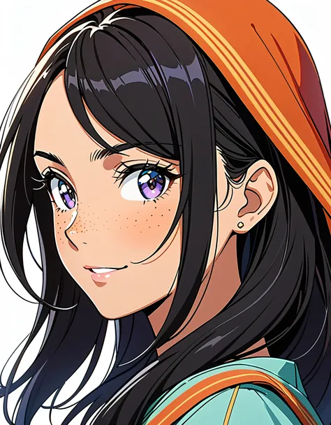 Masterpiece, best quality, {best quality}, {{masterpiece}}, {highres}, focus, anime style, a closeup of a cartoon of a woman, girl design, mara, portrait, giesha, anime image, long hair, black hair, heterochrome eyes, hair covering ears, happy, polished an...