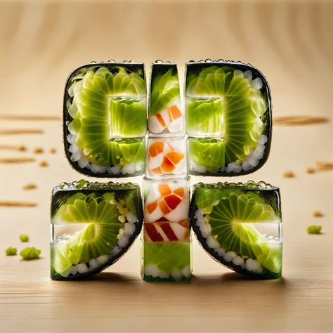 food photography photo of a crystal maki sushi with wasabi, perfect roles, maximum detail, foreground focus, crystalz 