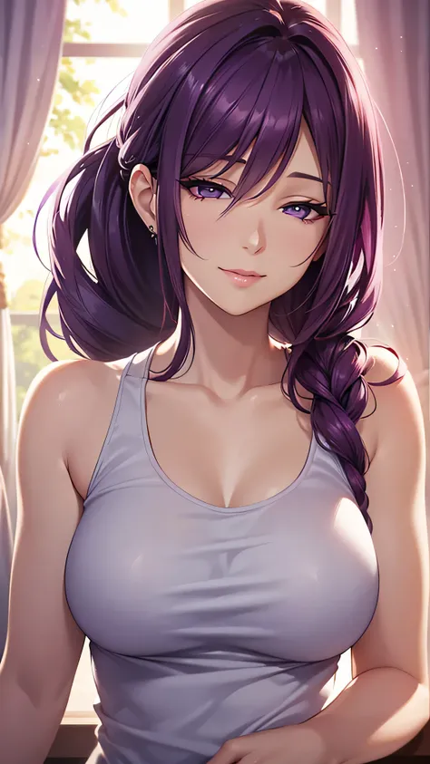 portrait, realistic, elegant mature woman, violet eyes, magenta hair, long ponytail hair, Tank top, 4k resolution, high quality cg, beautiful cg, soft light (smile:1.2)
